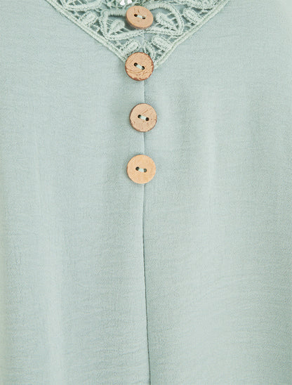 Caraco à boutons décoratifs et broderie - Vert d&