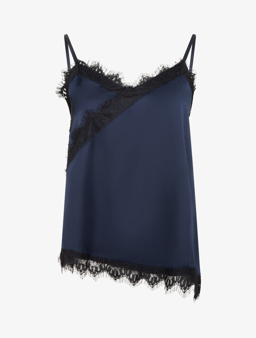 Caraco satiné asymétrique à détail dentelle - Marine - 1