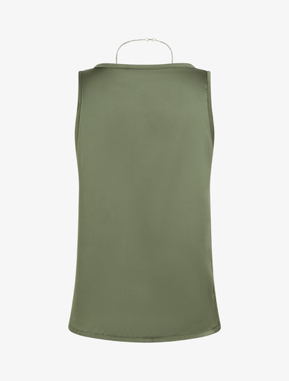 Top satiné sans manches à col bijou - Kaki - 2