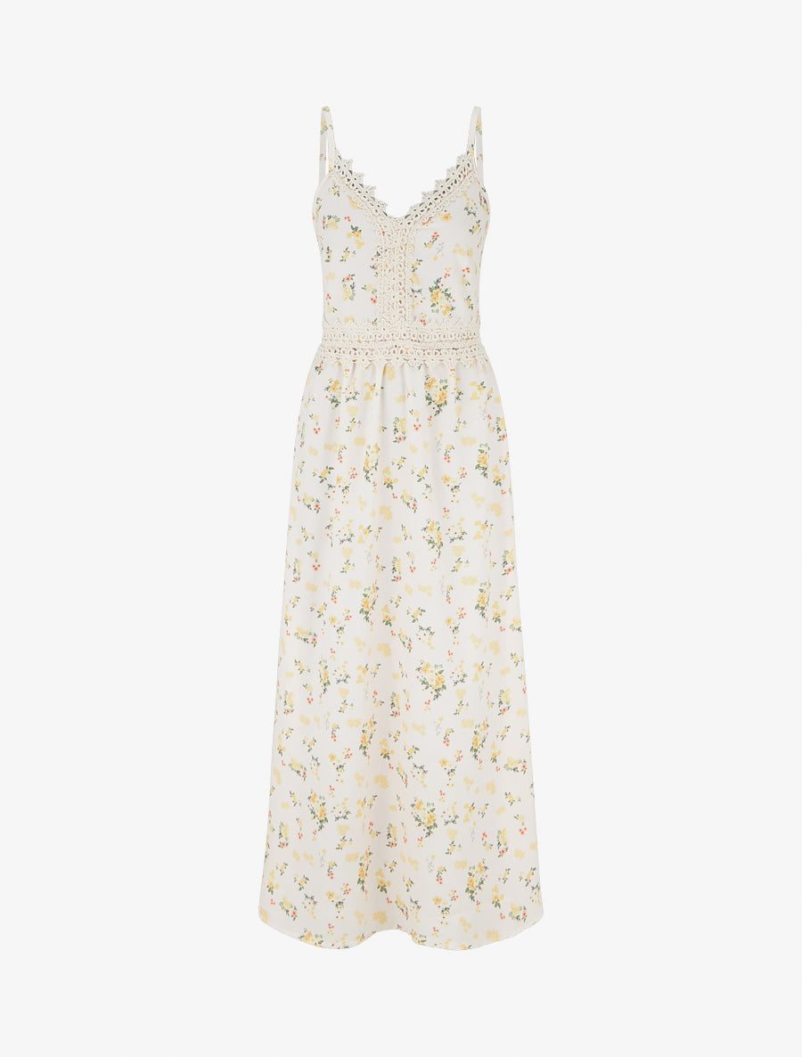Robe longue imprimé petites fleurs à détail crochet - Jaune - 1