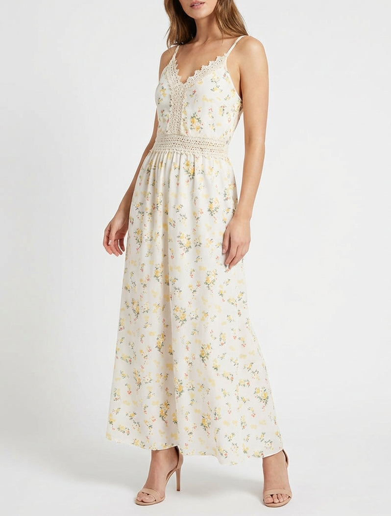 Lange jurk met kleine bloemenprint en haakdetails. - Geel
