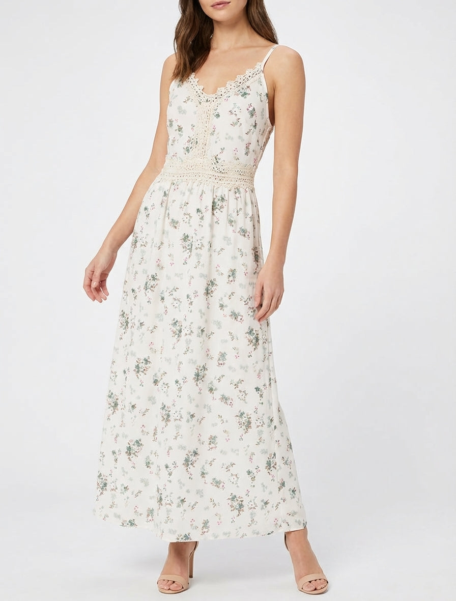 Lange jurk met kleine bloemenprint en haakdetails. - Kaki