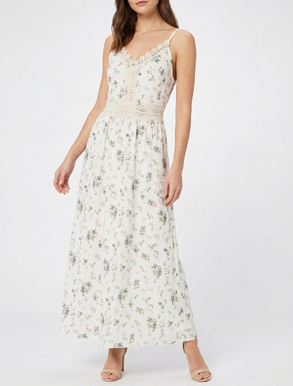 Lange jurk met kleine bloemenprint en haakdetails. - Kaki