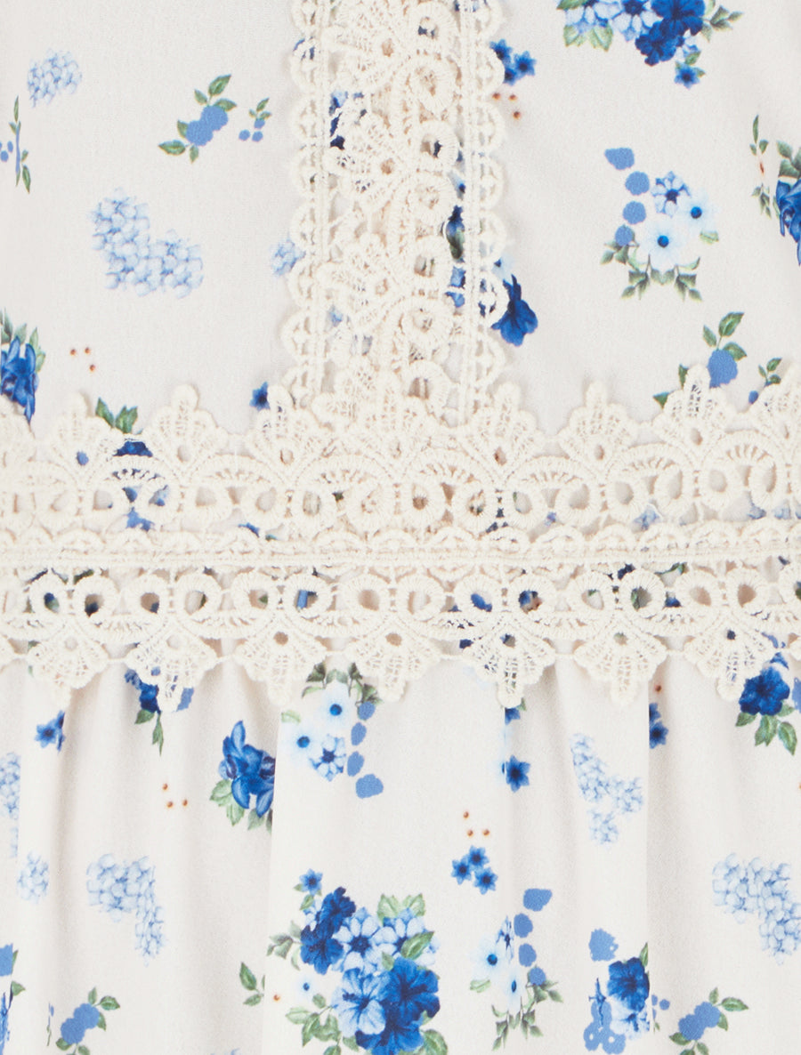 Robe longue imprimé petites fleurs à détail crochet - Bleu - 3