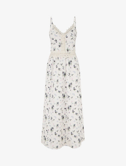 Robe longue imprimé petites fleurs à détail crochet - Noir - 1