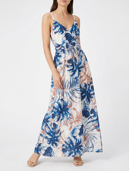 Lange jurk met elastische rug en bladdruk. - Marine