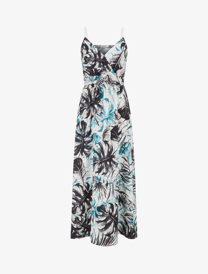 Robe longue à dos élastiqué imprimé feuillage - Noir - 1