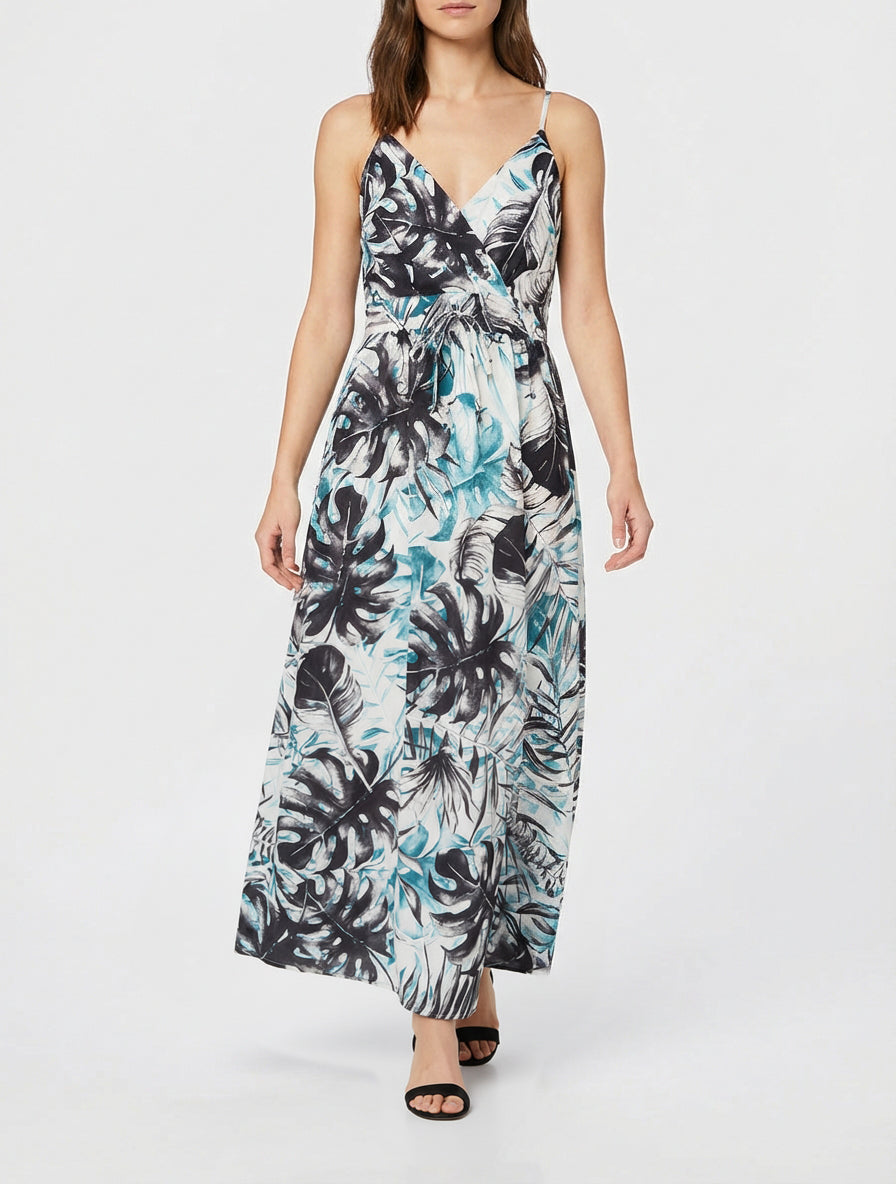 Lange jurk met elastische rug en bladdruk. - Zwart