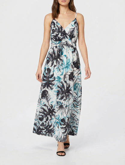 Lange jurk met elastische rug en bladdruk. - Zwart