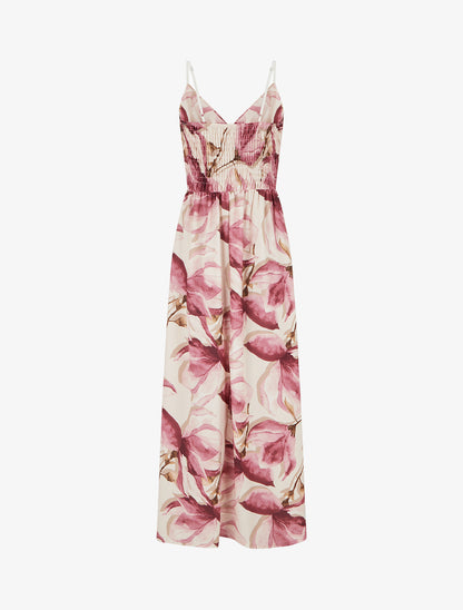 Robe longue à dos élastiqué imprimé fleuri - Vieux rose - 2