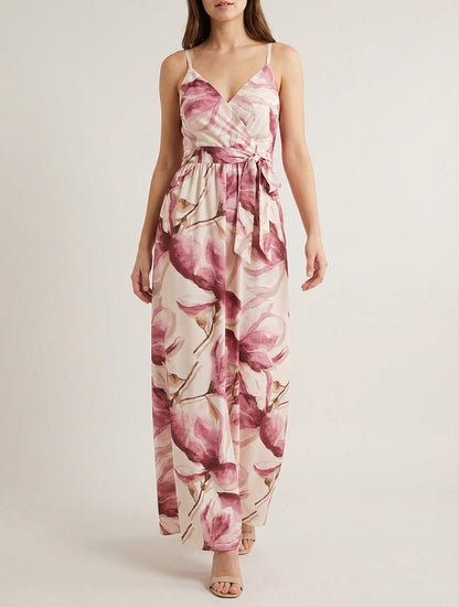 Lange jurk met elastische achterkant en bloemenprint - Oudroze
