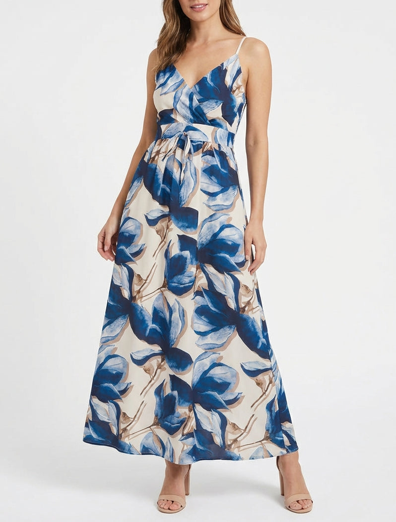Lange jurk met elastische achterkant en bloemenprint - Marine