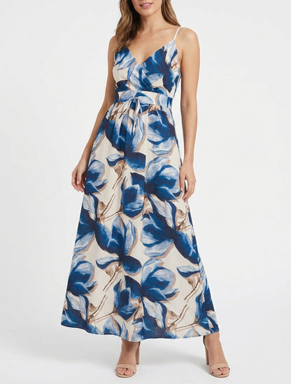 Lange jurk met elastische achterkant en bloemenprint - Marine