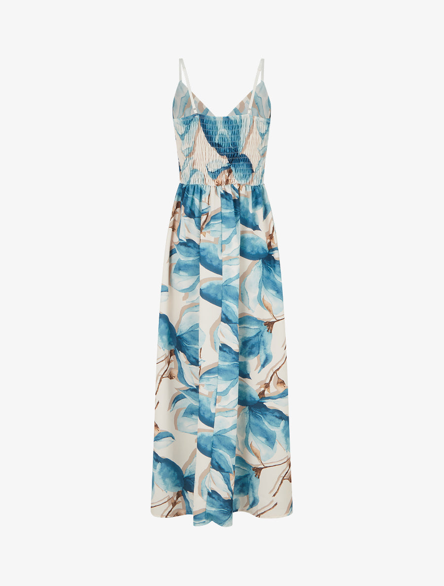 Robe longue à dos élastiqué imprimé fleuri - Bleu canard - 2