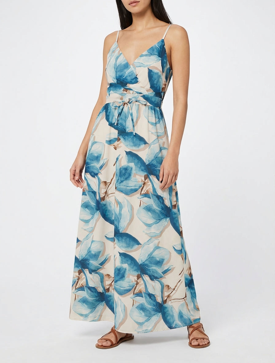 Lange jurk met elastische achterkant en bloemenprint - Eendenblauw