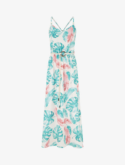 Robe longue imprimé feuillage à taille élastiquée - Turquoise - 1