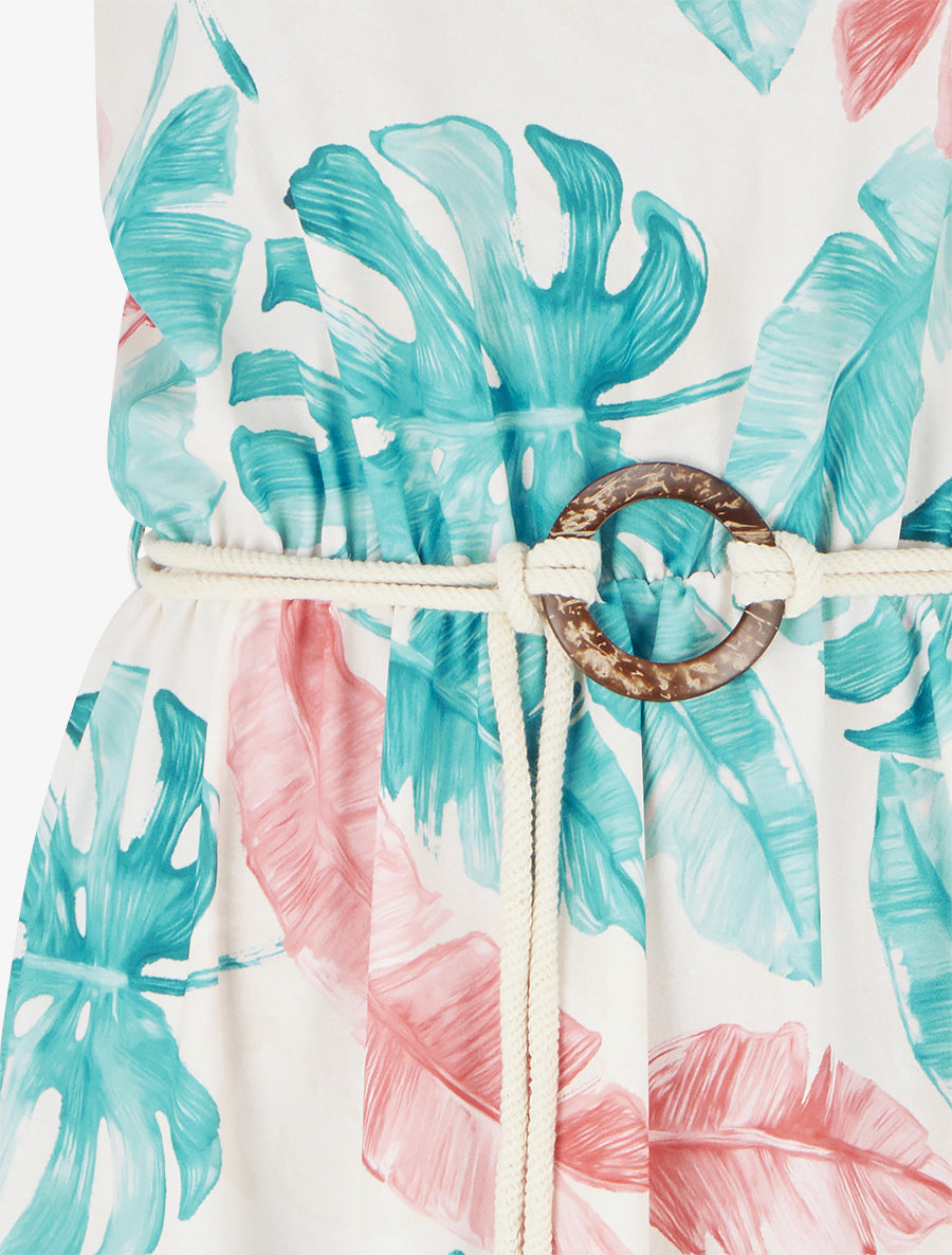 Robe longue imprimé feuillage à taille élastiquée - Turquoise - 3