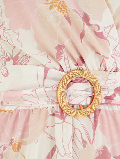 Robe mi-longue imprimé grandes fleurs à boucle - Rose - 3