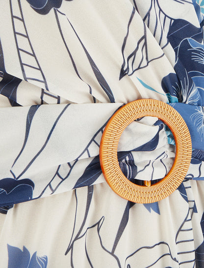 Robe mi-longue imprimé grandes fleurs à boucle - Marine - 3