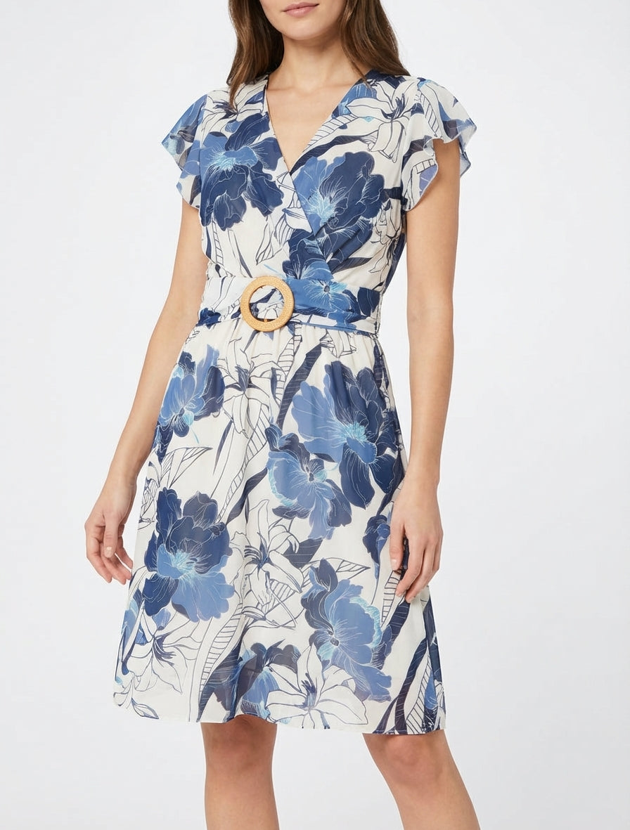 Middellange jurk met grote bloemenprint en gesp - Marine