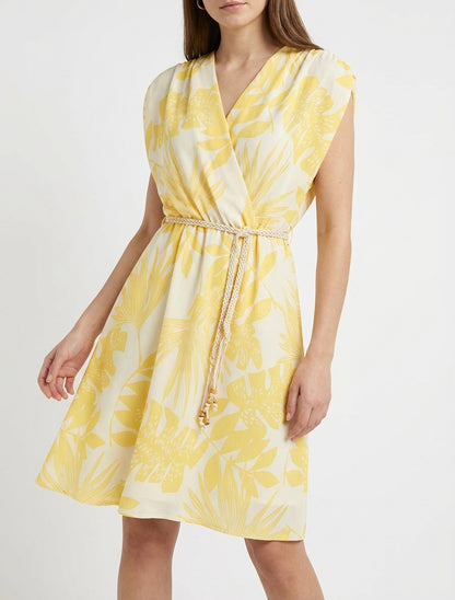 Mouwloze midi-jurk met tropische print - Geel