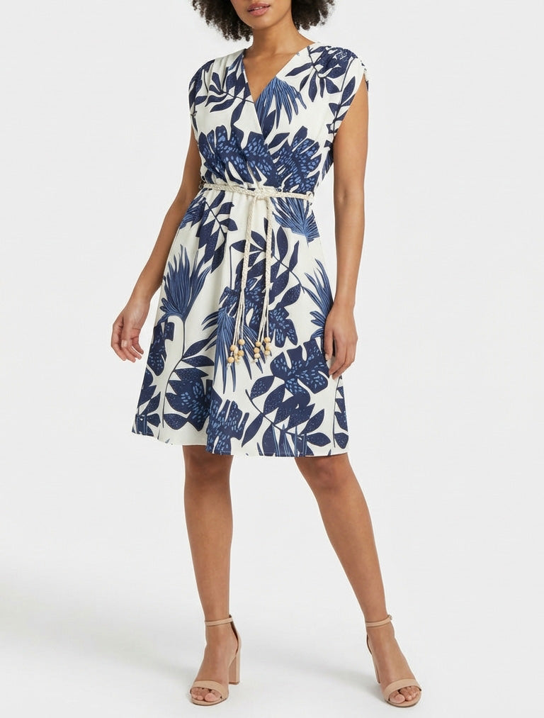Mouwloze midi-jurk met tropische print - Marine