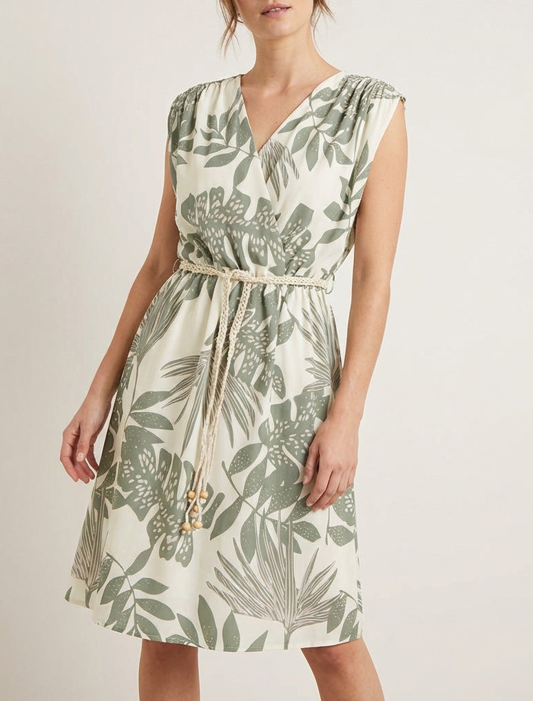 Mouwloze midi-jurk met tropische print - Kaki