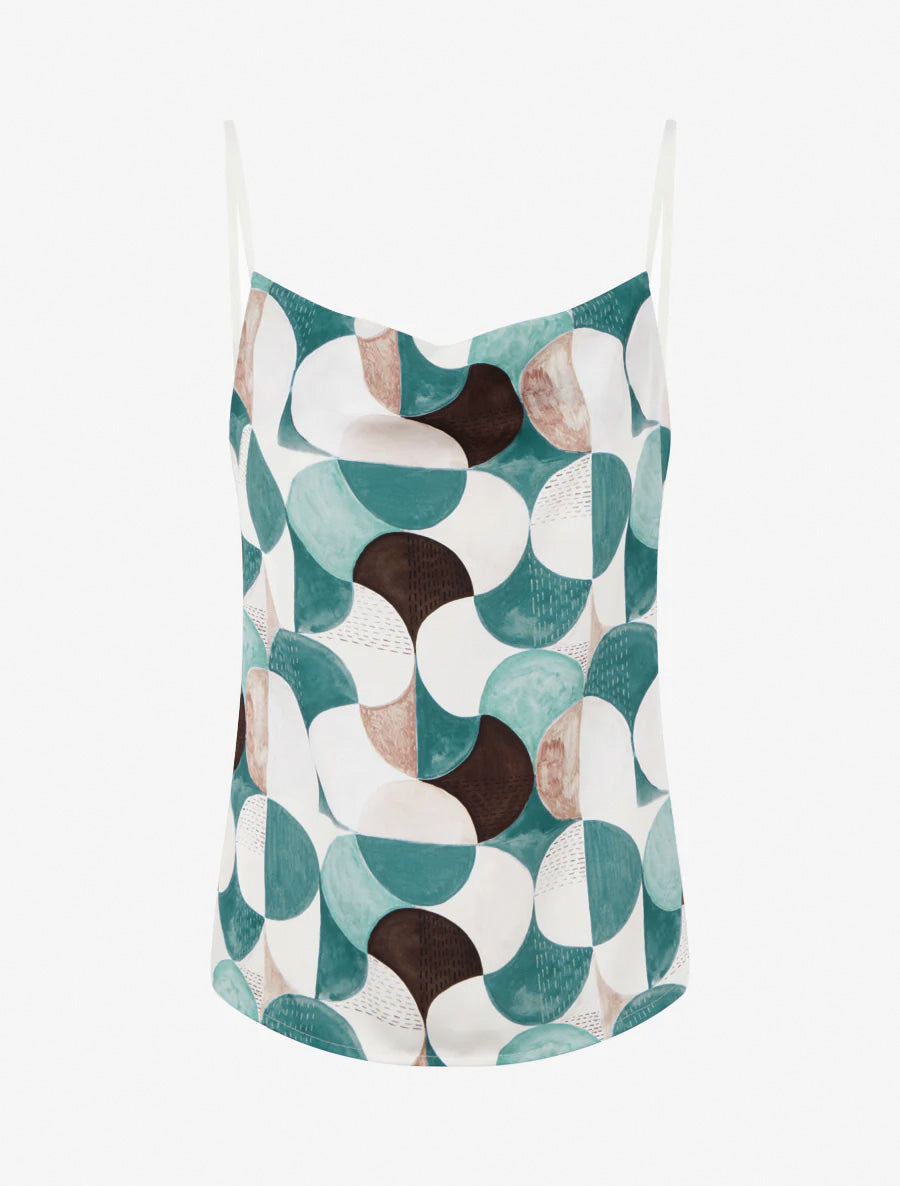 Retro bedrukt satijnen hemdje - Eendenblauw