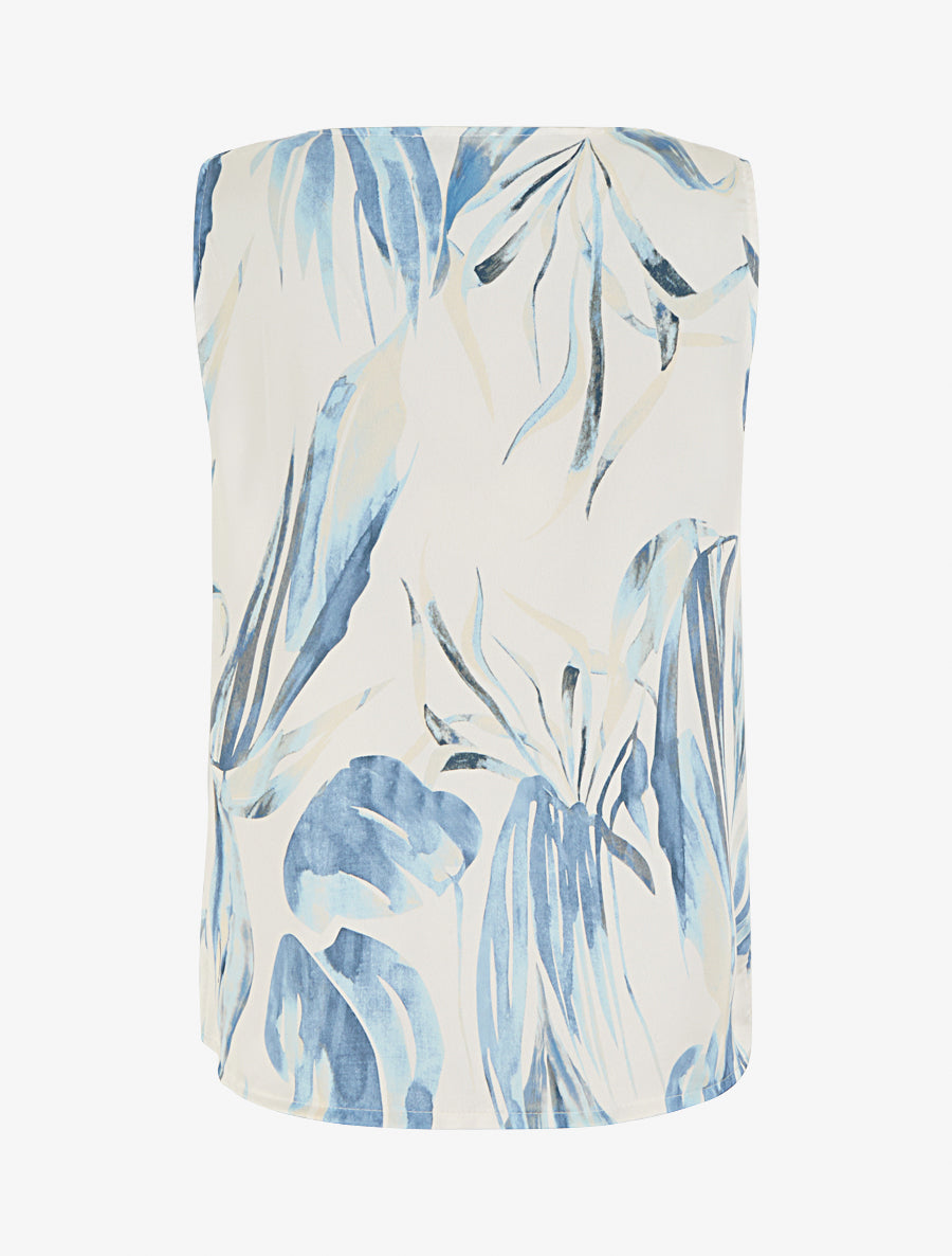 Top satiné imprimé feuilles et bretelle à bijou - Bleu - 2