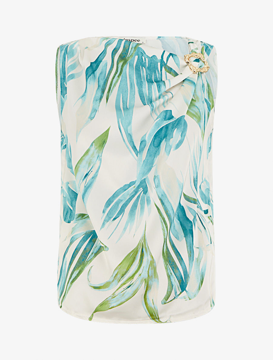Top satiné imprimé feuilles et bretelle à bijou - Turquoise - 1