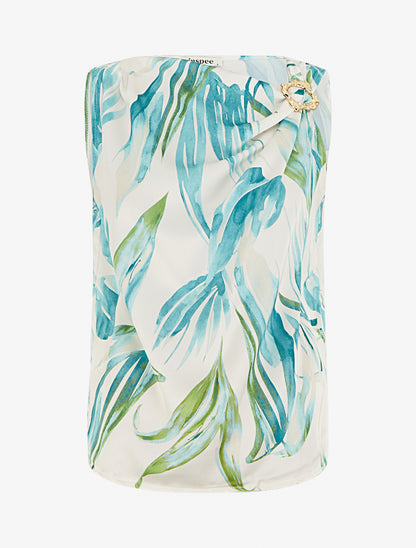Top satiné imprimé feuilles et bretelle à bijou - Turquoise - 1