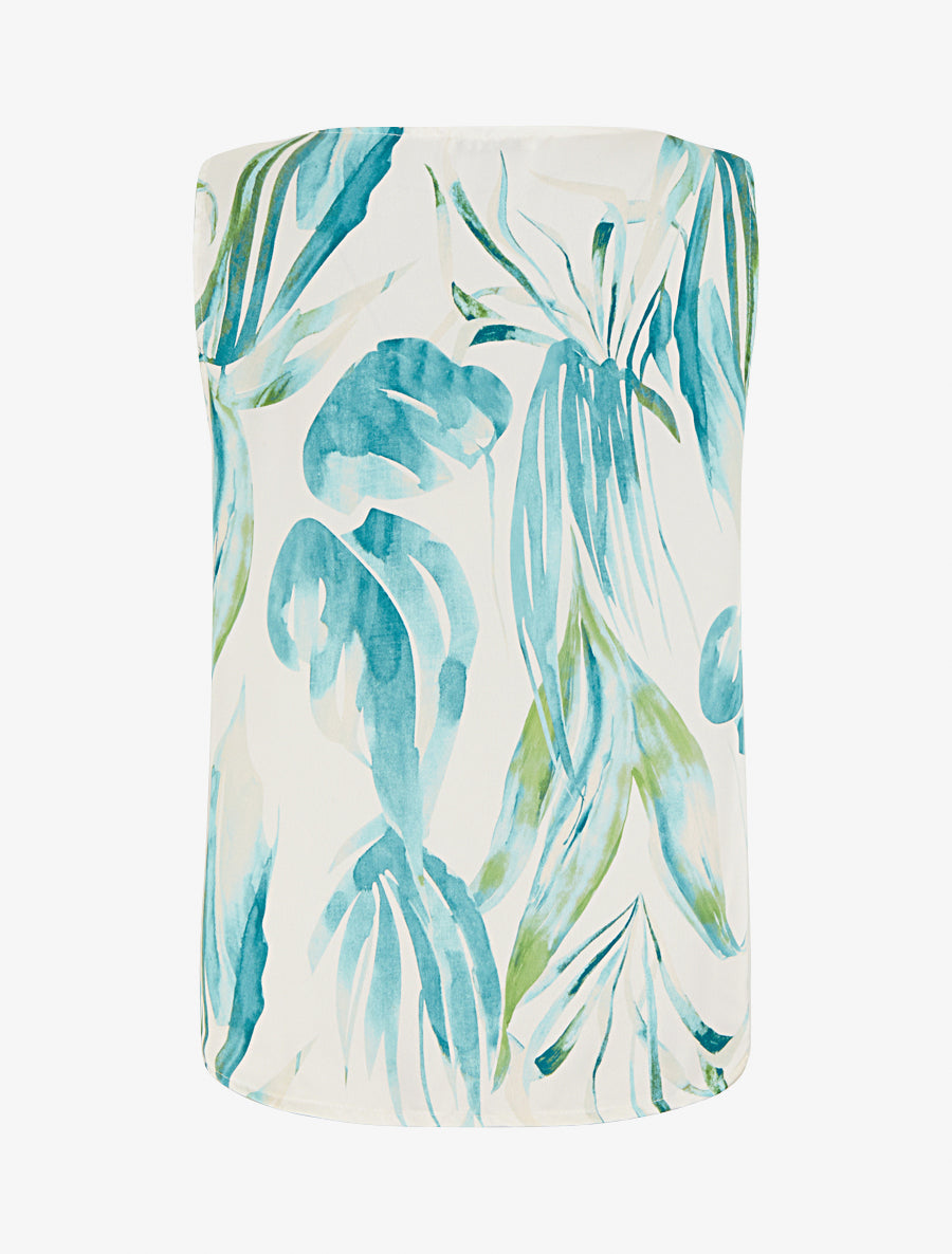 Top satiné imprimé feuilles et bretelle à bijou - Turquoise - 2