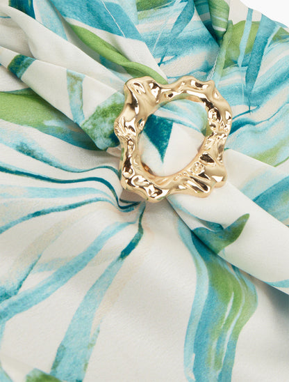 Top satiné imprimé feuilles et bretelle à bijou - Turquoise - 3