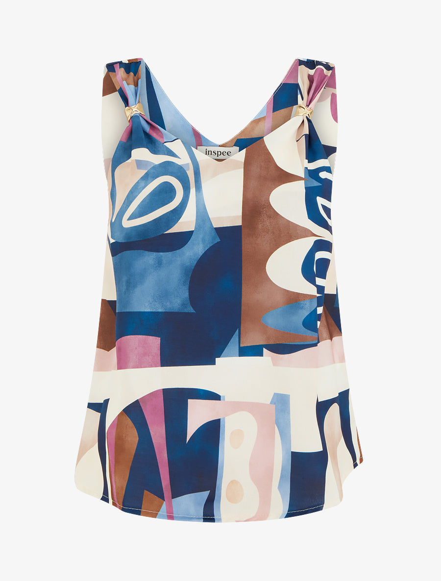 Top droit imprimé graphique à bretelles bijoux - Marine - 1