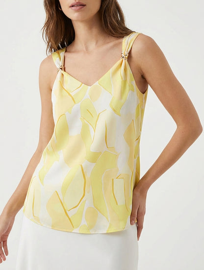 Satijnen top met abstracte juweelprint - Geel