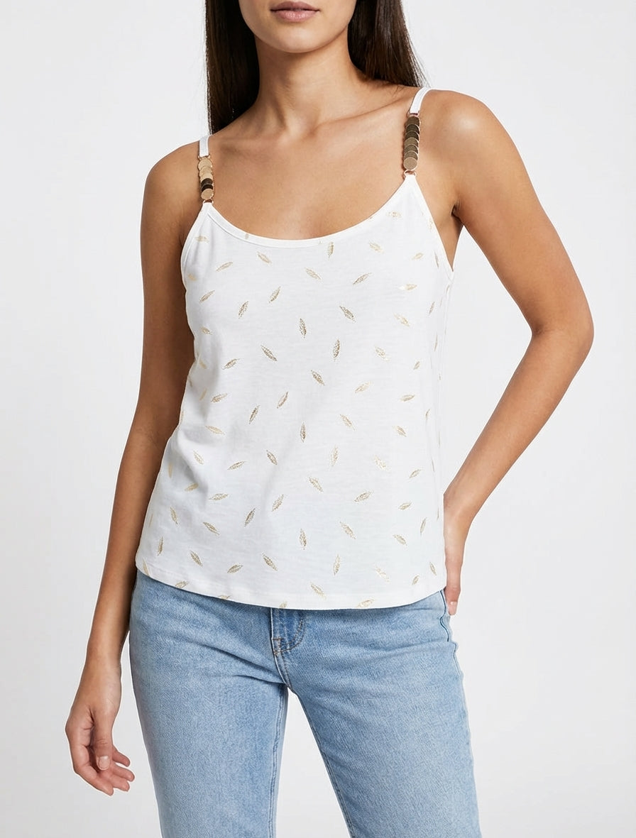 Tanktop met sierlijke bandjes en verenprint - Wit