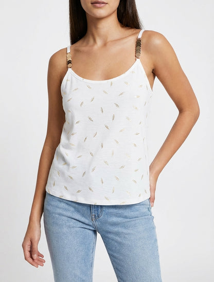 Tanktop met sierlijke bandjes en verenprint - Wit