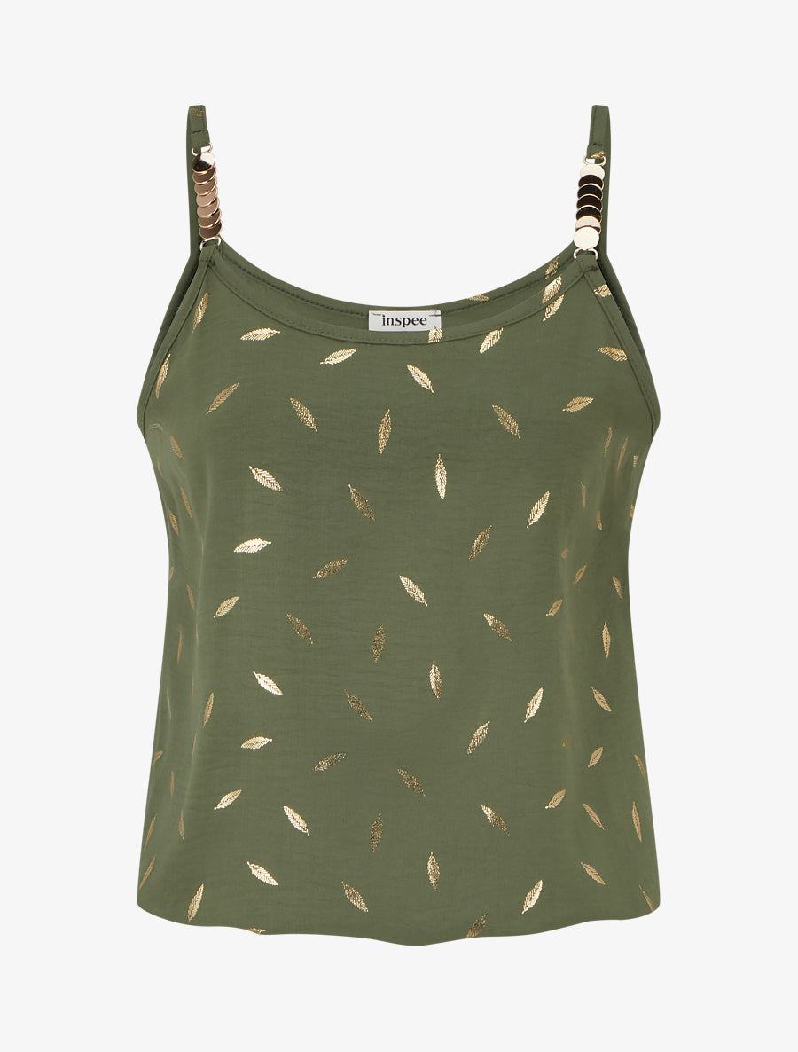 Débardeur à bretelles bijoux et imprimé plume - Kaki - 1
