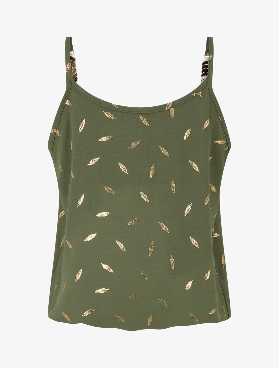 Débardeur à bretelles bijoux et imprimé plume - Kaki - 2