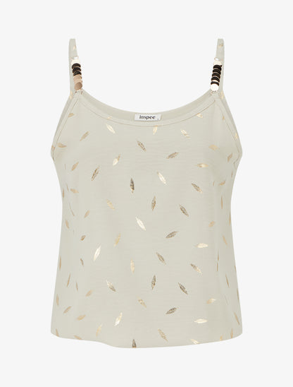 Débardeur à bretelles bijoux et imprimé plume - Beige - 1