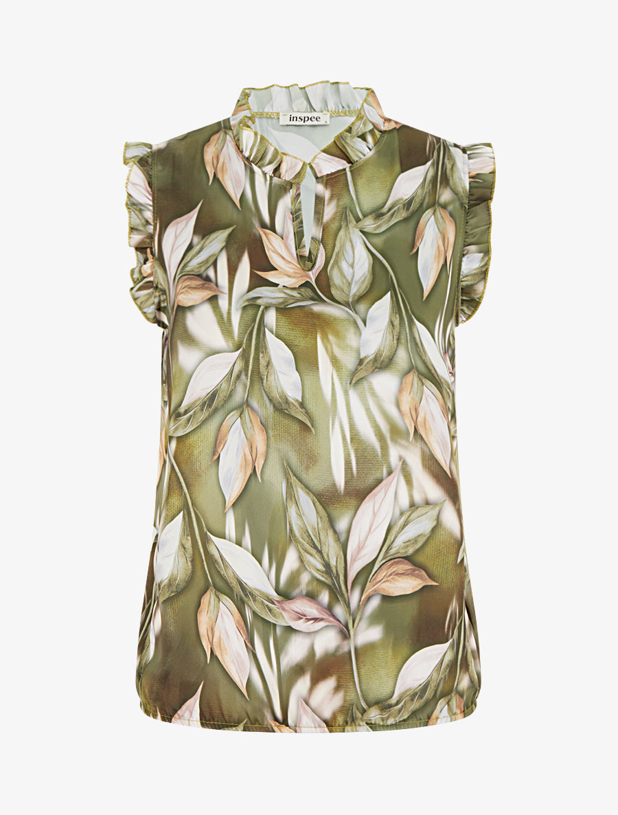 Top boule satiné imprimé feuillages - Kaki - 1