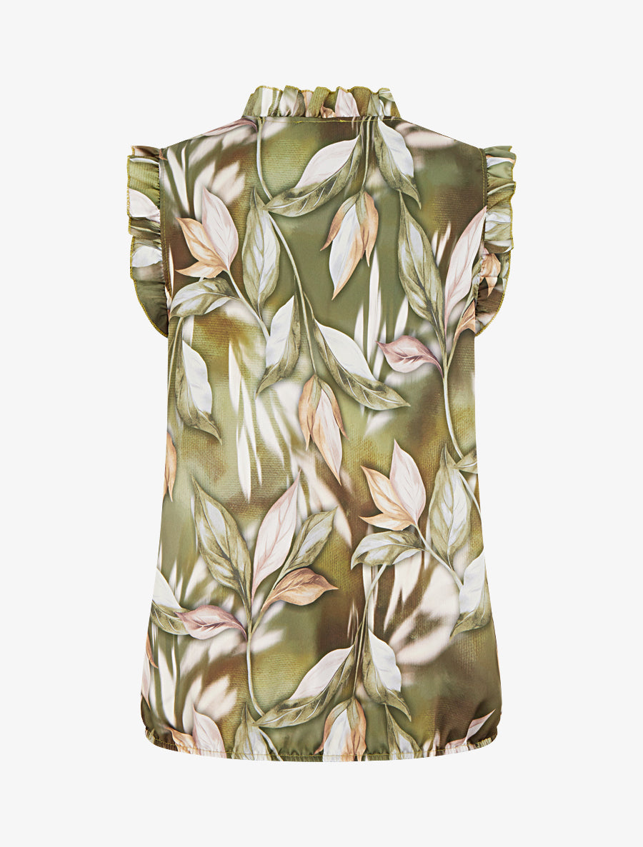 Top boule satiné imprimé feuillages - Kaki - 2