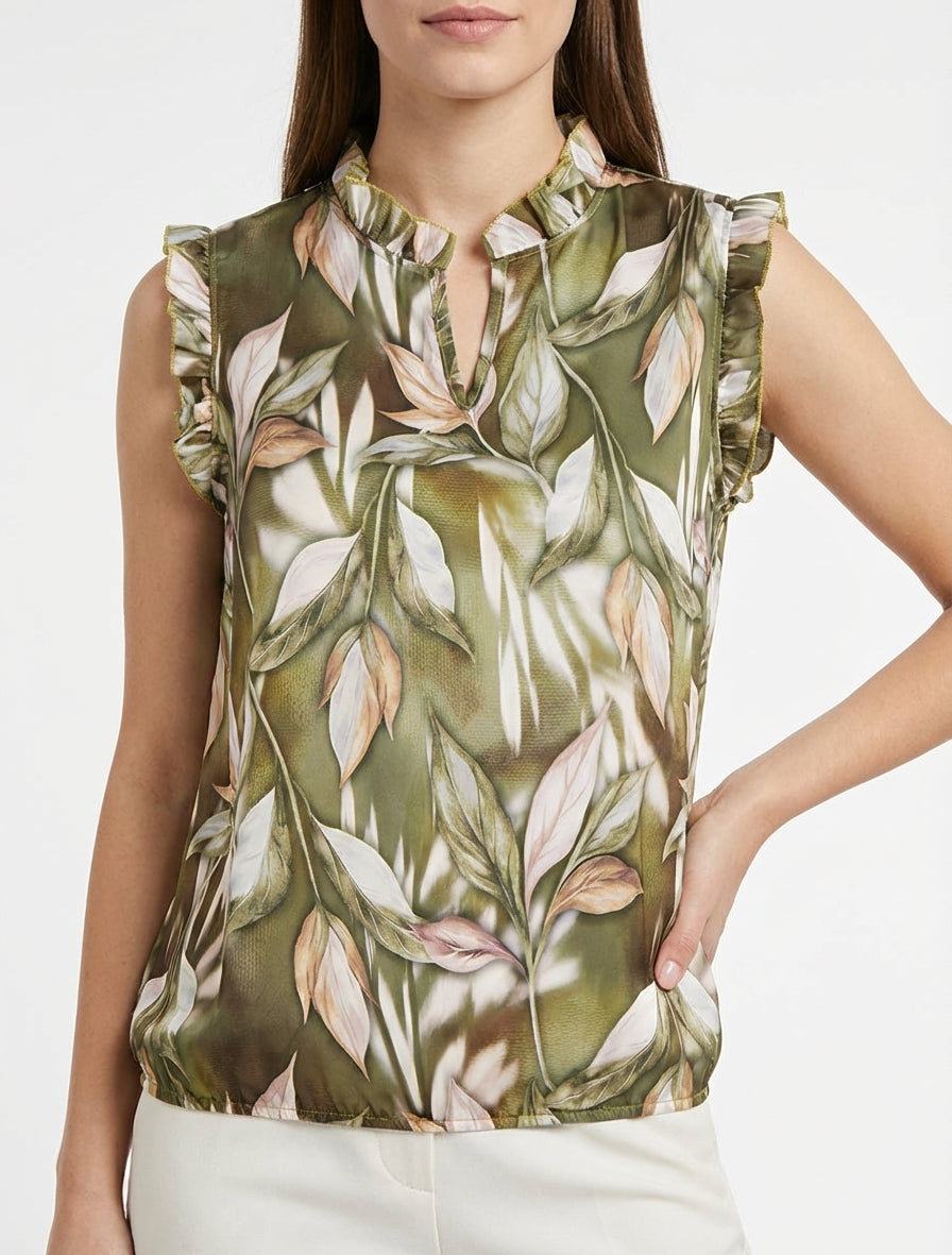 Top satijnen blouse met bladerprint - Kaki