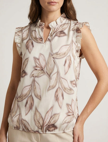 Top satijnen blouse met bladerprint - Beige