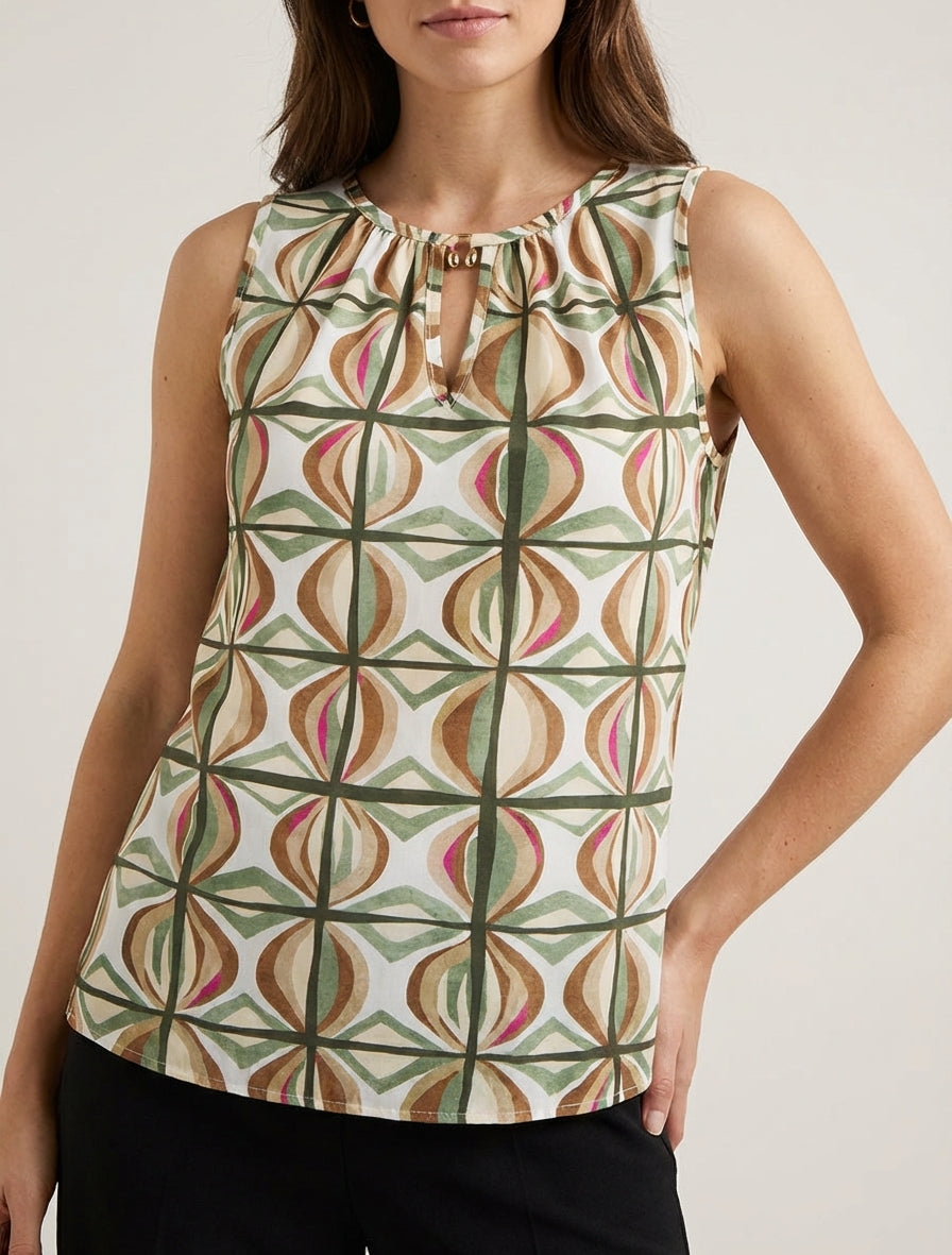 Mouwloze top met fantasieprint - Kaki