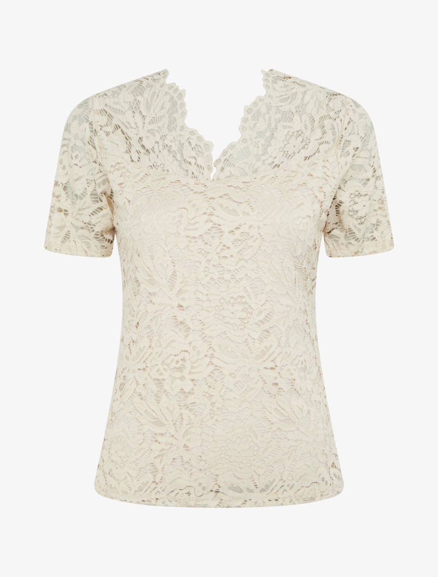 Top en dentelle à manches courtes - Beige - 1