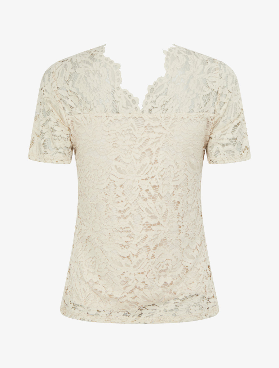 Top en dentelle à manches courtes - Beige - 2