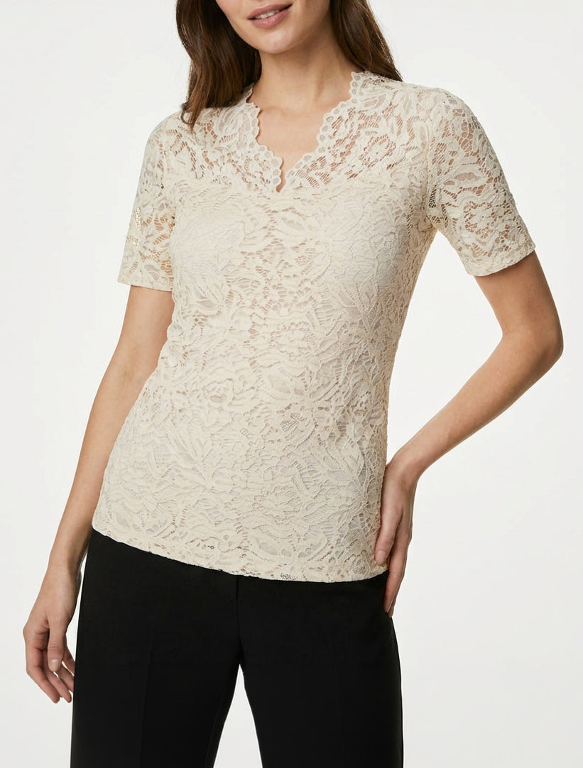 Kanten top met korte mouwen - Beige
