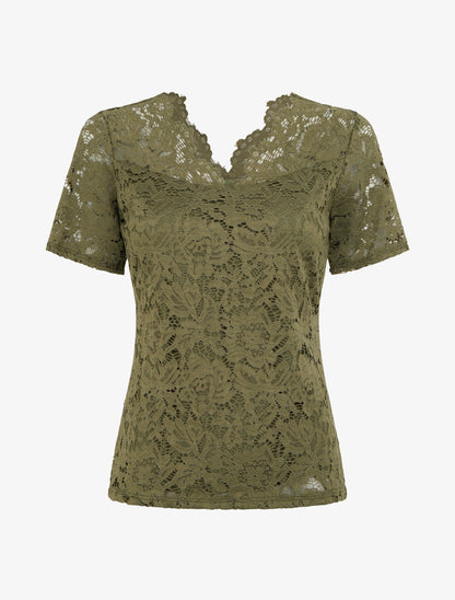 Top en dentelle à manches courtes - Kaki - 1