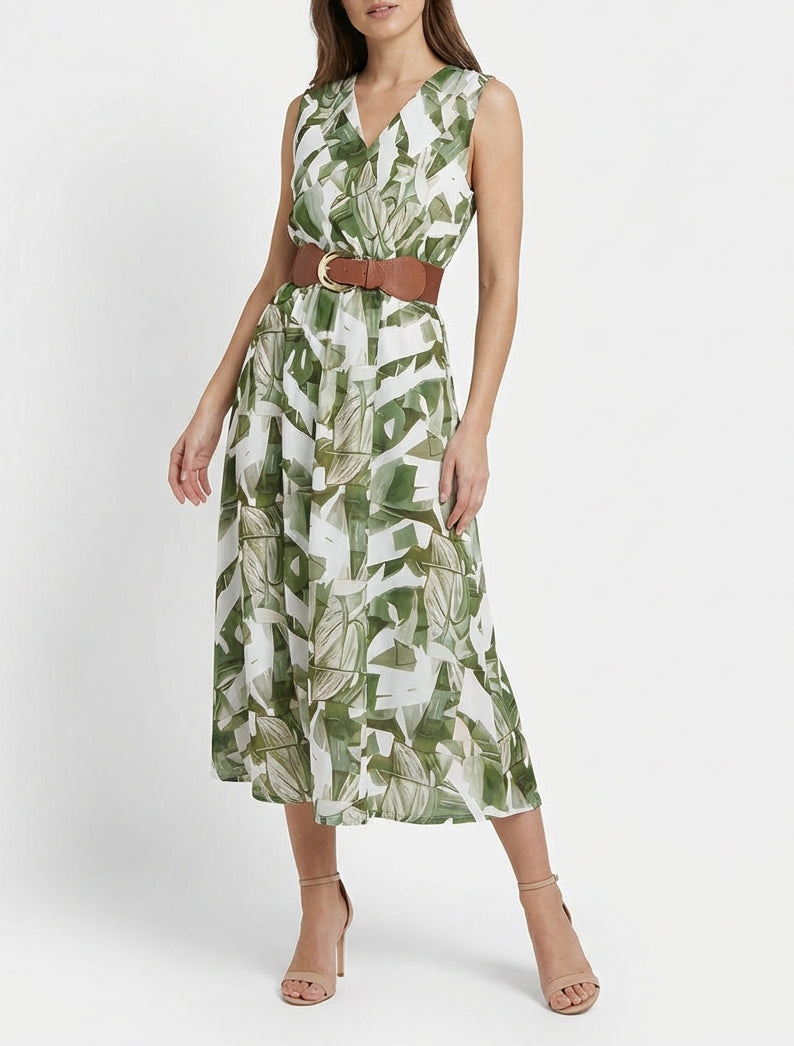 Mouwloze jurk met fantasieprint - Kaki